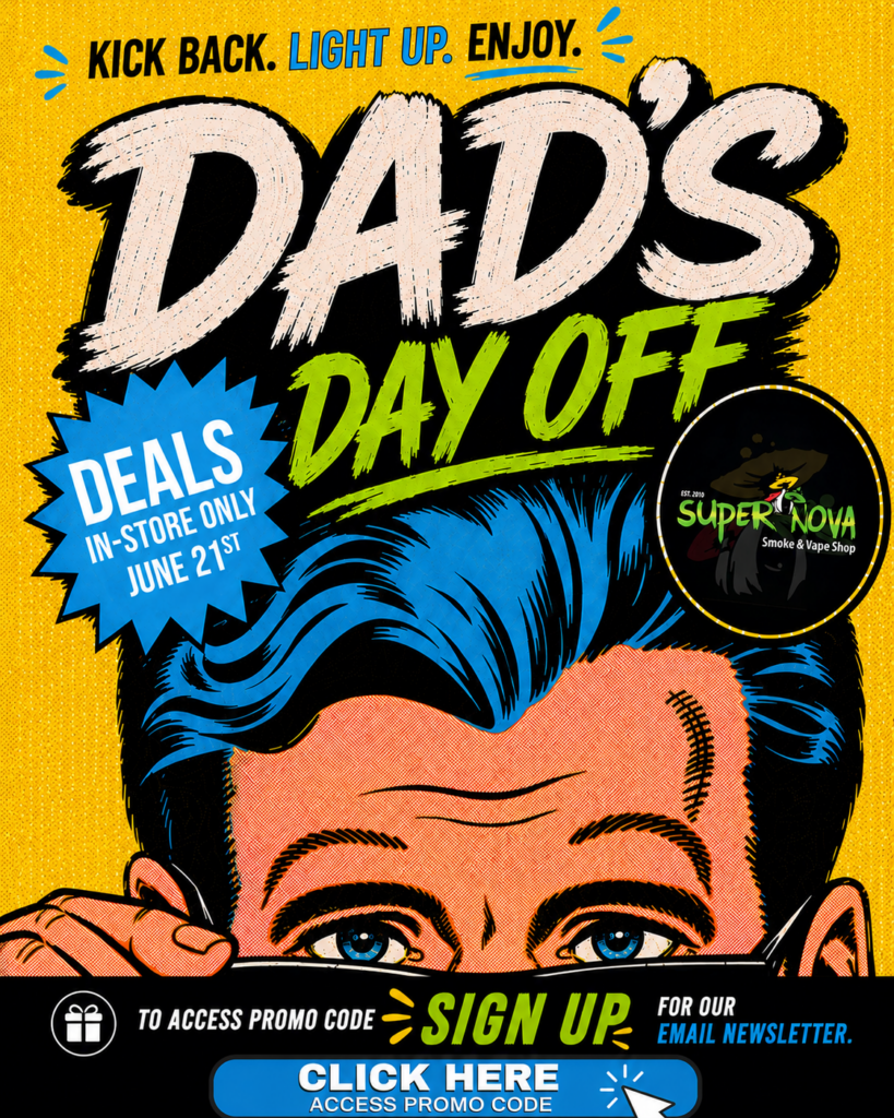 Comic-book style poster announcing 'DADS DAY OFF' with bold pink letters, yellow background, and blue hair; blue starburst reads 'Deals in-store only June 21st'.