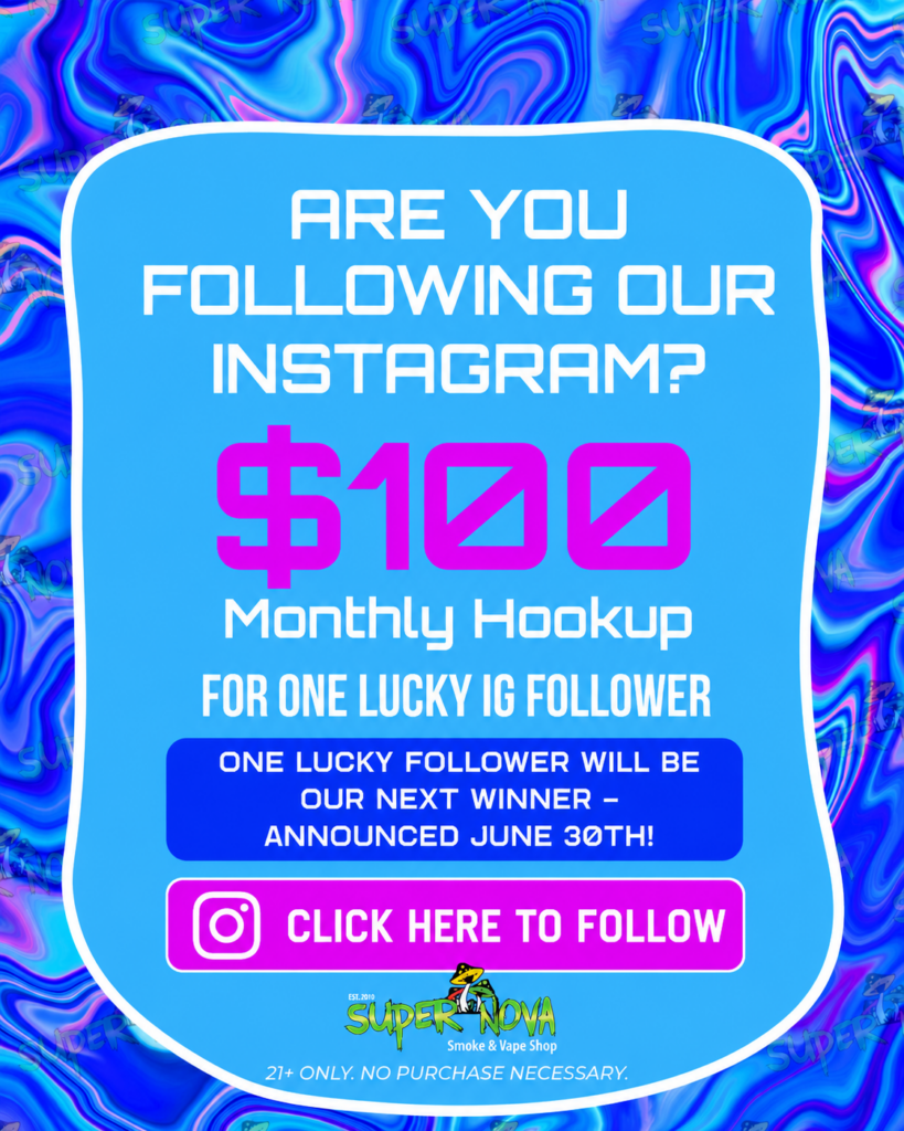Blue rounded poster inviting 'Are you following our Instagram?' with a $100 monthly giveaway for one lucky IG follower; includes 'Click here to follow' button and winner announcement note (June 30th).