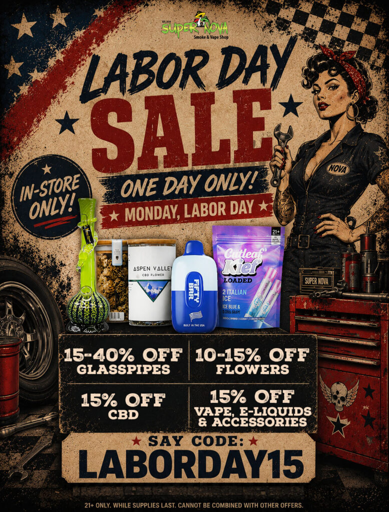 Promotional Labor Day sale poster: bold 'LABOR DAY SALE' text, vintage colors, pin-up woman with wrench on the right, and assorted vape/CBD products on a workbench; discounts shown.